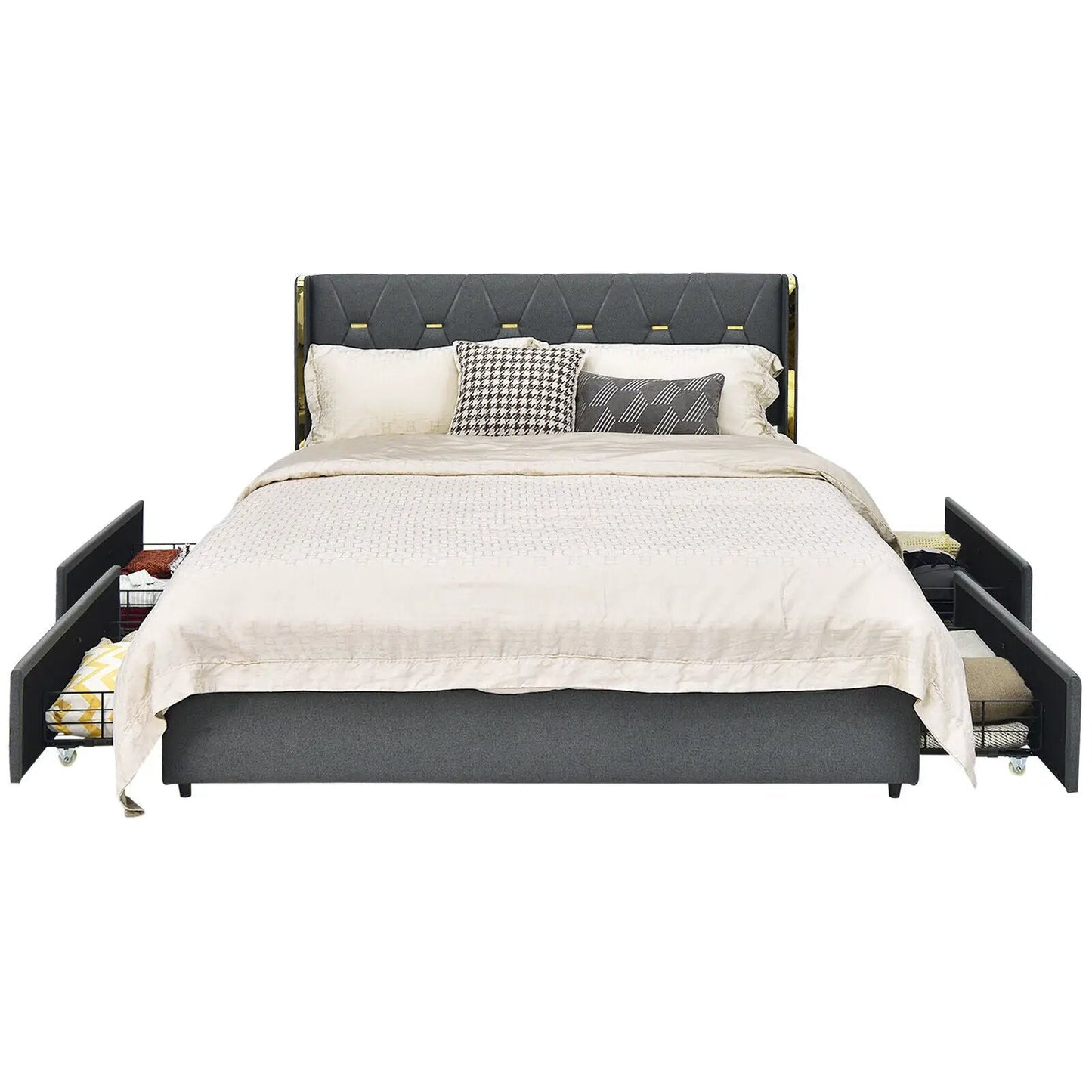 Full/Queen Upholstered Platform Bed in gray fabric with 4 drawers on sides on Tampa Home & Garden Store