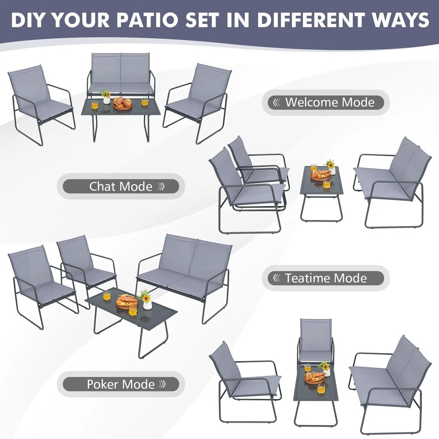 4-Piece DirectDeals metal patio chat set with gray cushioned seats and glass table on Tampa Home & Garden Store