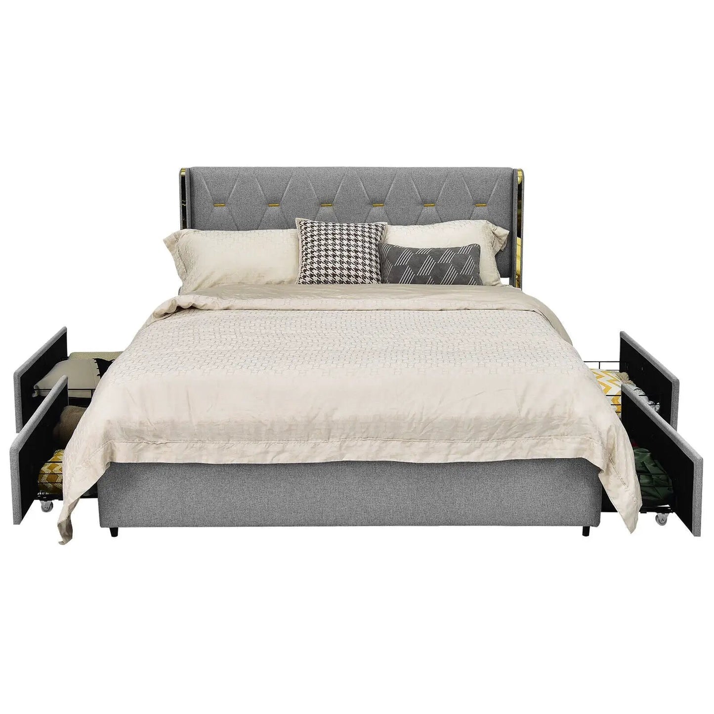 Upholstered bed frame with 4 storage drawers, gray full-size, tufted headboard, DirectDeals on Tampa Home & Garden Store