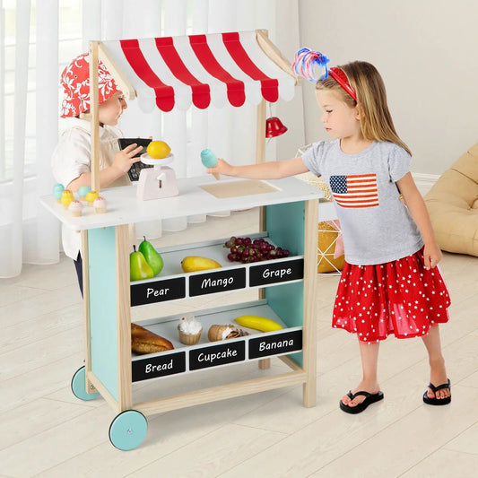 Kids wooden ice cream cart with chalkboard, red-striped canopy and teal accents on Tampa Home & Garden Store