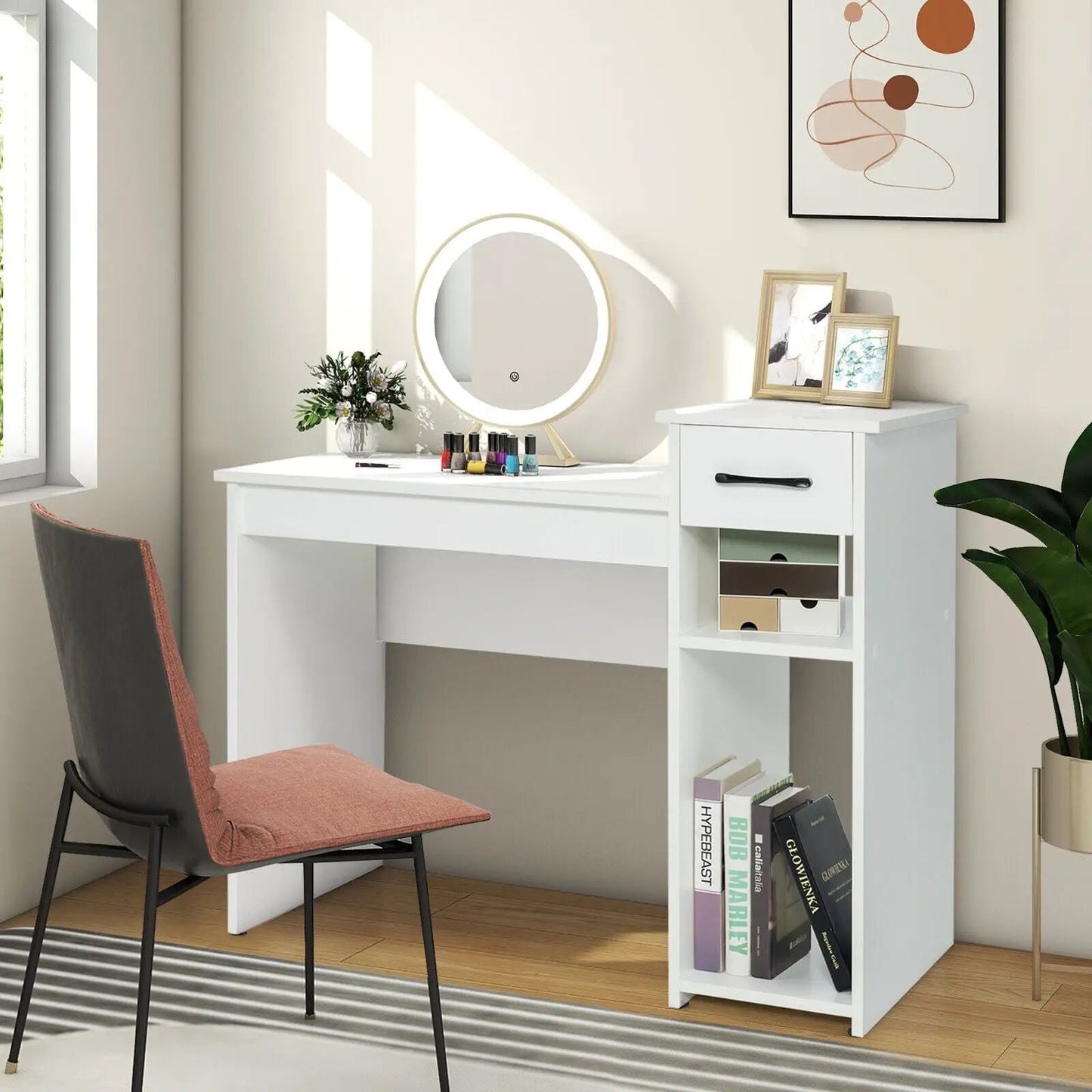 White computer desk with drawer and shelf and round LED mirror on top on Tampa Home & Garden Store
