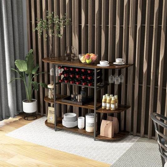 47 Inches Wine Rack Table with Glass Holder and Storage Shelves-Rustic Brown - Tampa Home & Garden Store