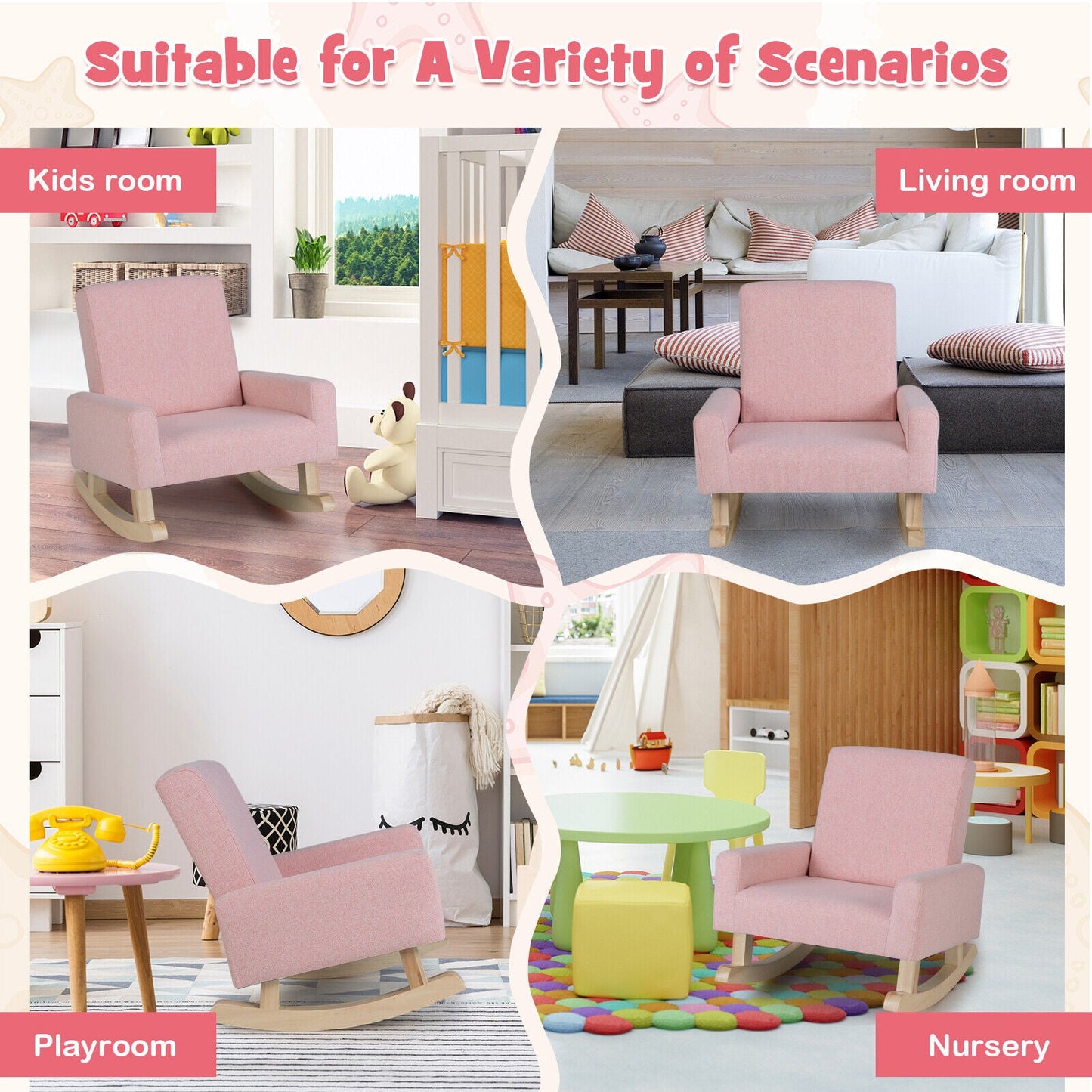 Kids Rocking Chair with Solid Wood Legs pink fabric, two shown on Tampa Home & Garden Store