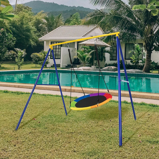 Extra Large Heavy Duty A-Frame Swing Stand blue frame with yellow crossbar and rainbow disc swing on Tampa Home & Garden Store