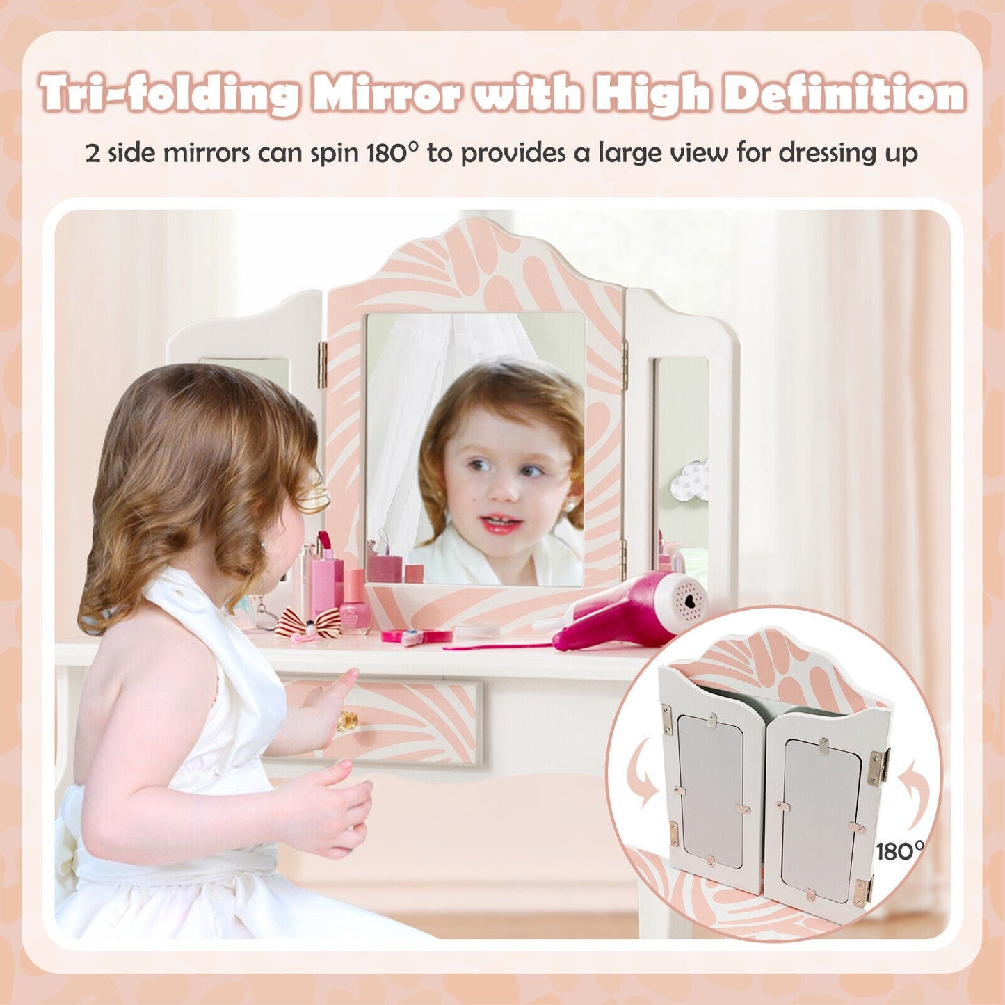 Two in One Kids Vanity Table with Tri Fold Mirror pink zebra design DirectDeals on Tampa Home & Garden Store