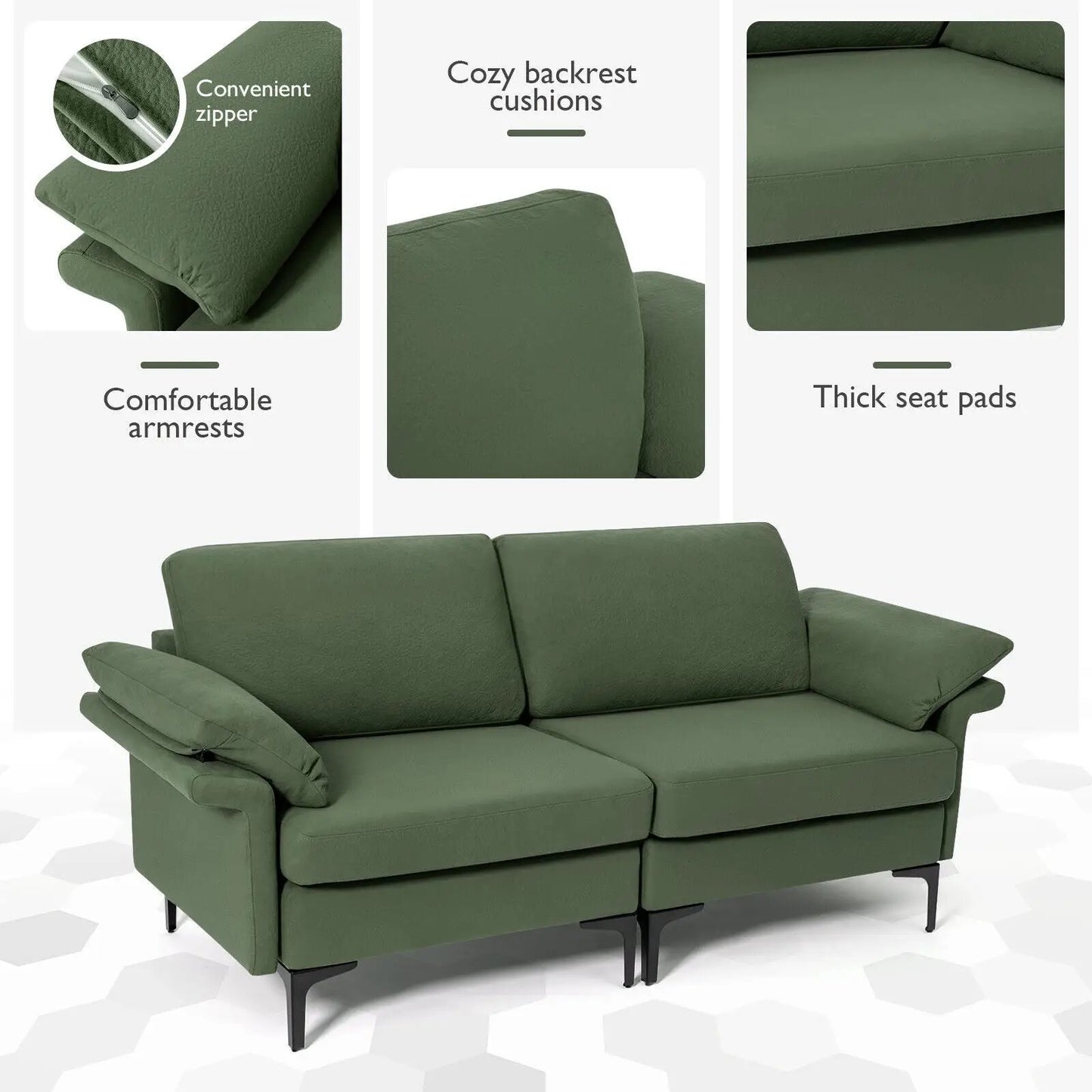 Fabric Loveseat Sofa with Metal Legs and Pillows in green fabric by DirectDeals on Tampa Home & Garden Store