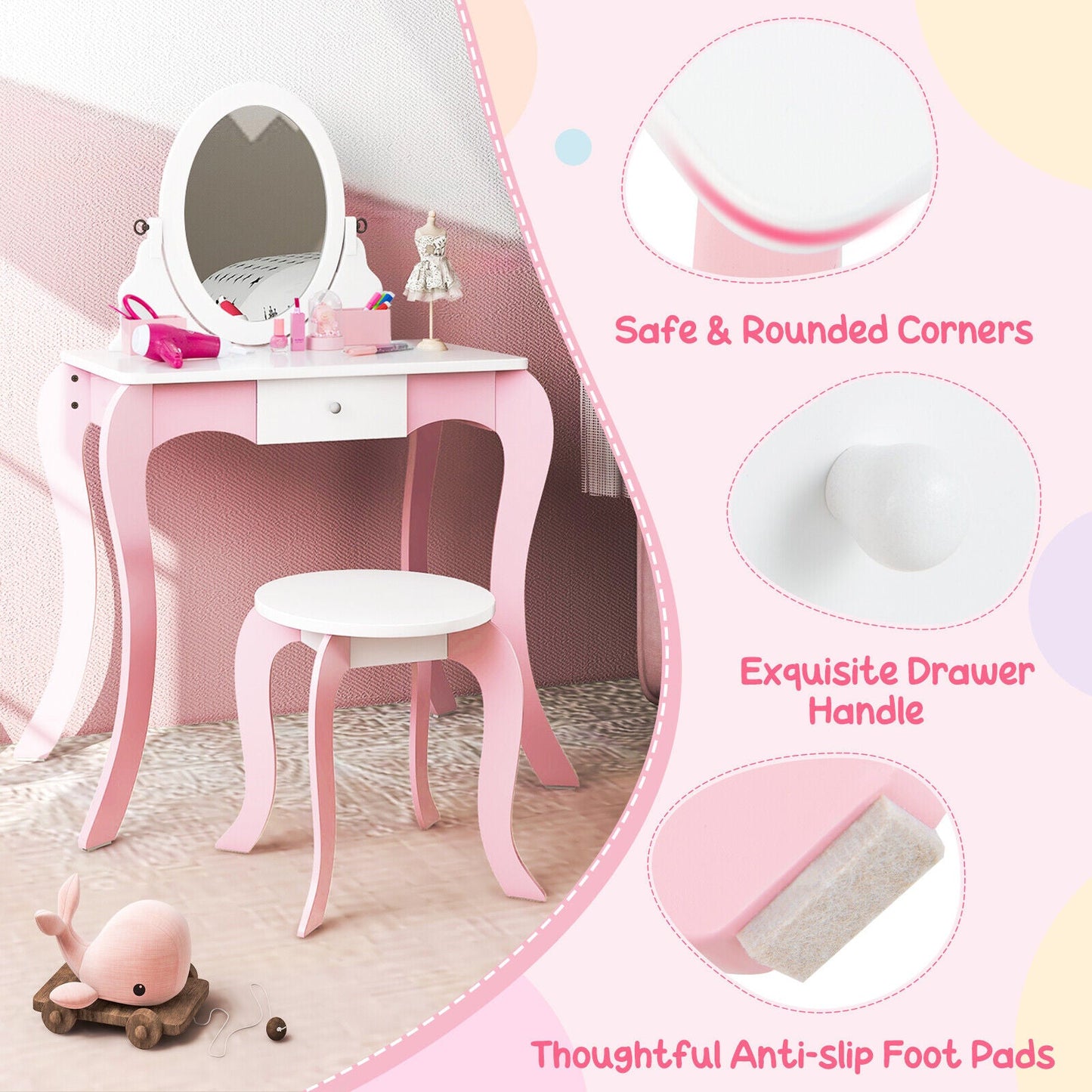 Pretend Kids Vanity Set with 360° Rotatable Mirror, pink & white finish, DirectDeals on Tampa Home & Garden Store