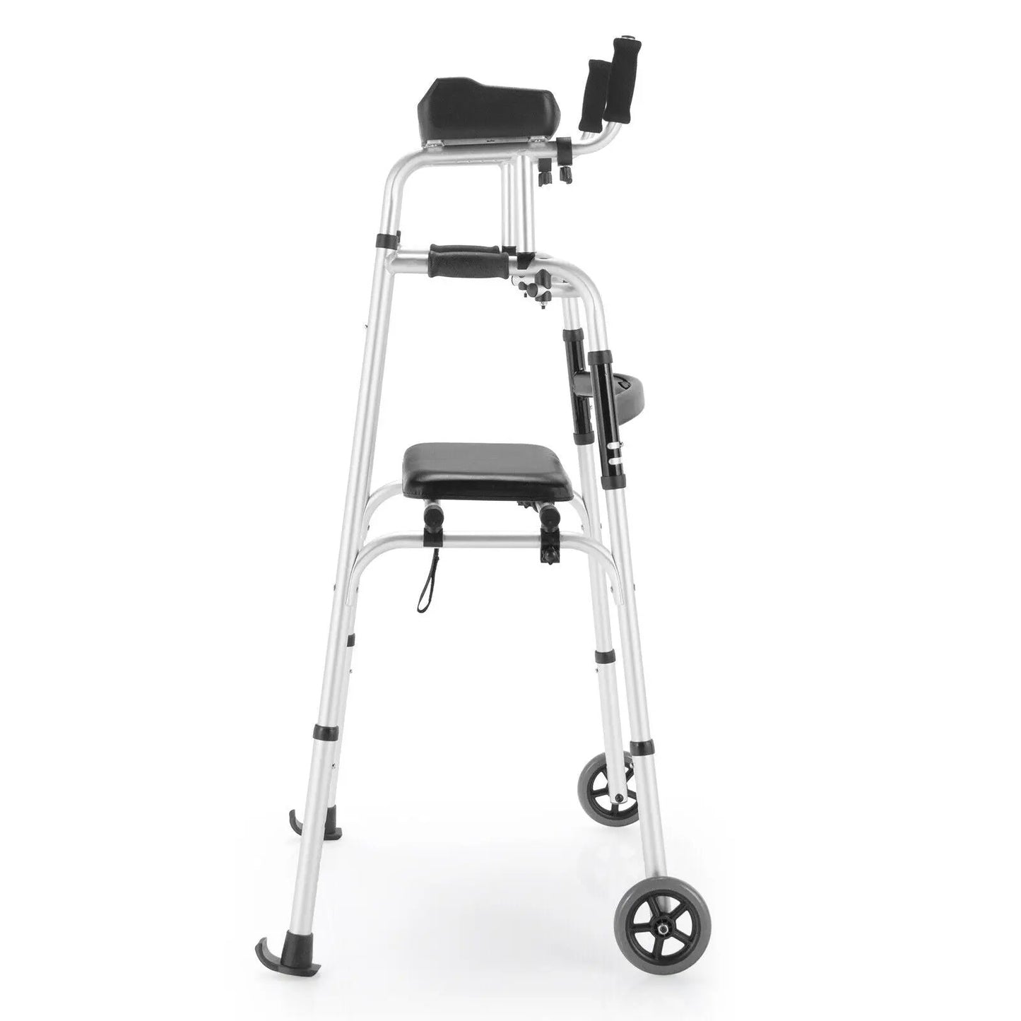 Height adjustable rolling walker with seat, aluminum frame, black padded seat on Tampa Home & Garden Store