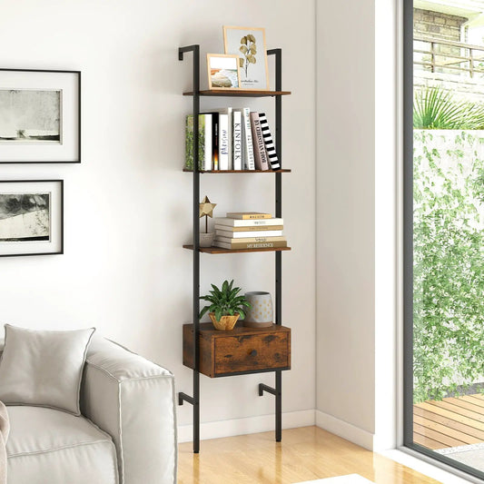 DirectDeals 5-Tier Ladder Bookcase with Drawer in rustic brown wood and black metal frame on Tampa Home & Garden Store