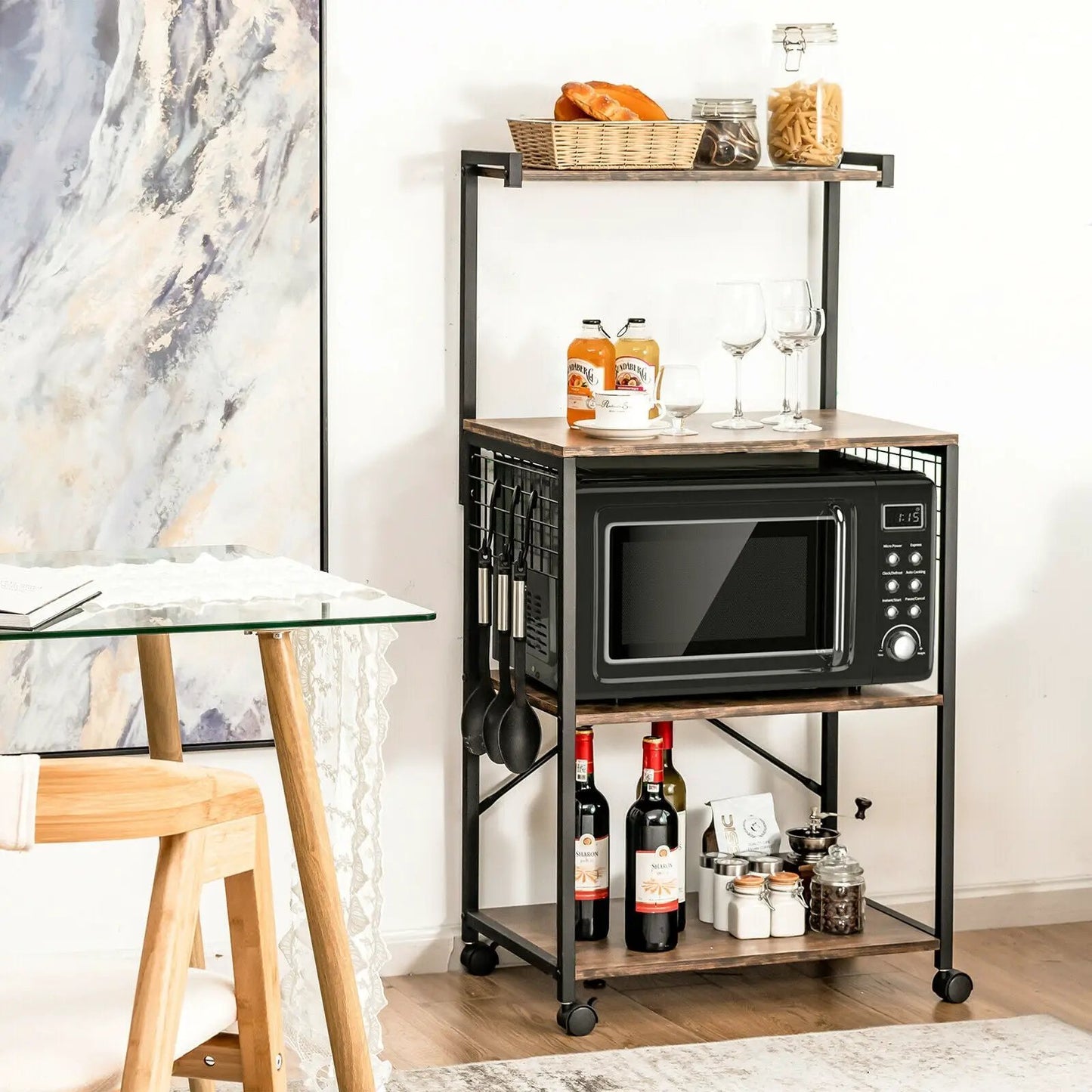 4-Tier Kitchen Baker's Rack on Wheels by DirectDeals with black metal frame and wood shelves on Tampa Home & Garden Store