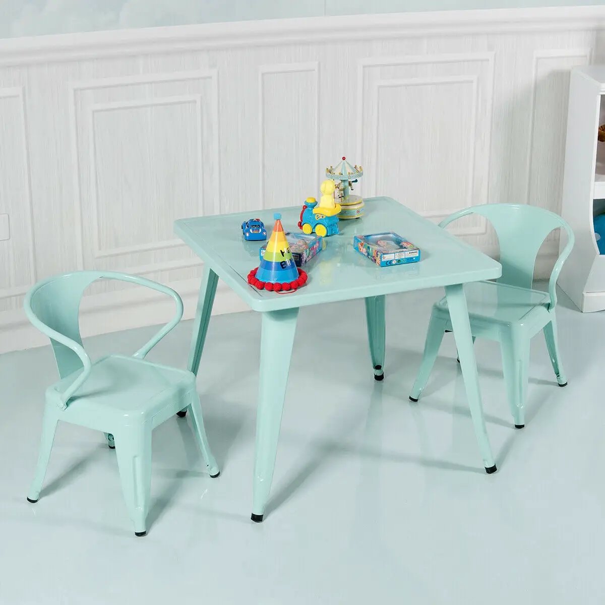 27 Inch Kids Square Steel Activity Table in light blue with aqua metal chairs and toys on Tampa Home & Garden Store