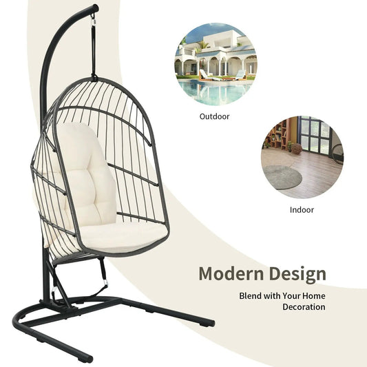 Hanging Wicker Egg Chair with Stand -Beige - Tampa Home & Garden Store