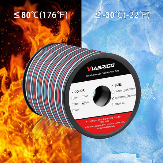 100ft RGBW LED Extension Cable 22 Gauge 5Pin 12V DC Electrical Wire 5 Colors 22AWG Wires with 10PCS Connectors for RGBW 3528 5050 Led Strip - Tampa Home & Garden Store