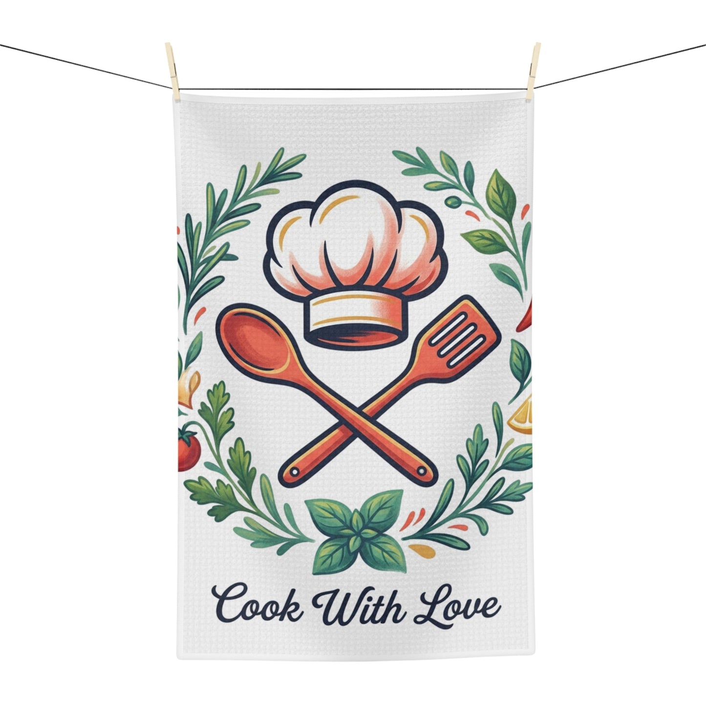Cook With Love tea towel microfiber kitchen towel by Mai Autumn with greenery on Tampa Home & Garden Store