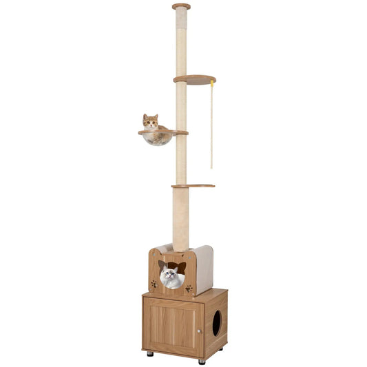 101 Inch Floor to Ceiling Cat Tree Height Adjustable with Litter Box Enclosure-Brown - Tampa Home & Garden Store