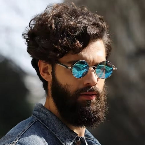 Steam Punk Polarized Sunglasses round blue-tint metal frames BikerZoneZ worn by bearded man on Tampa Home & Garden Store