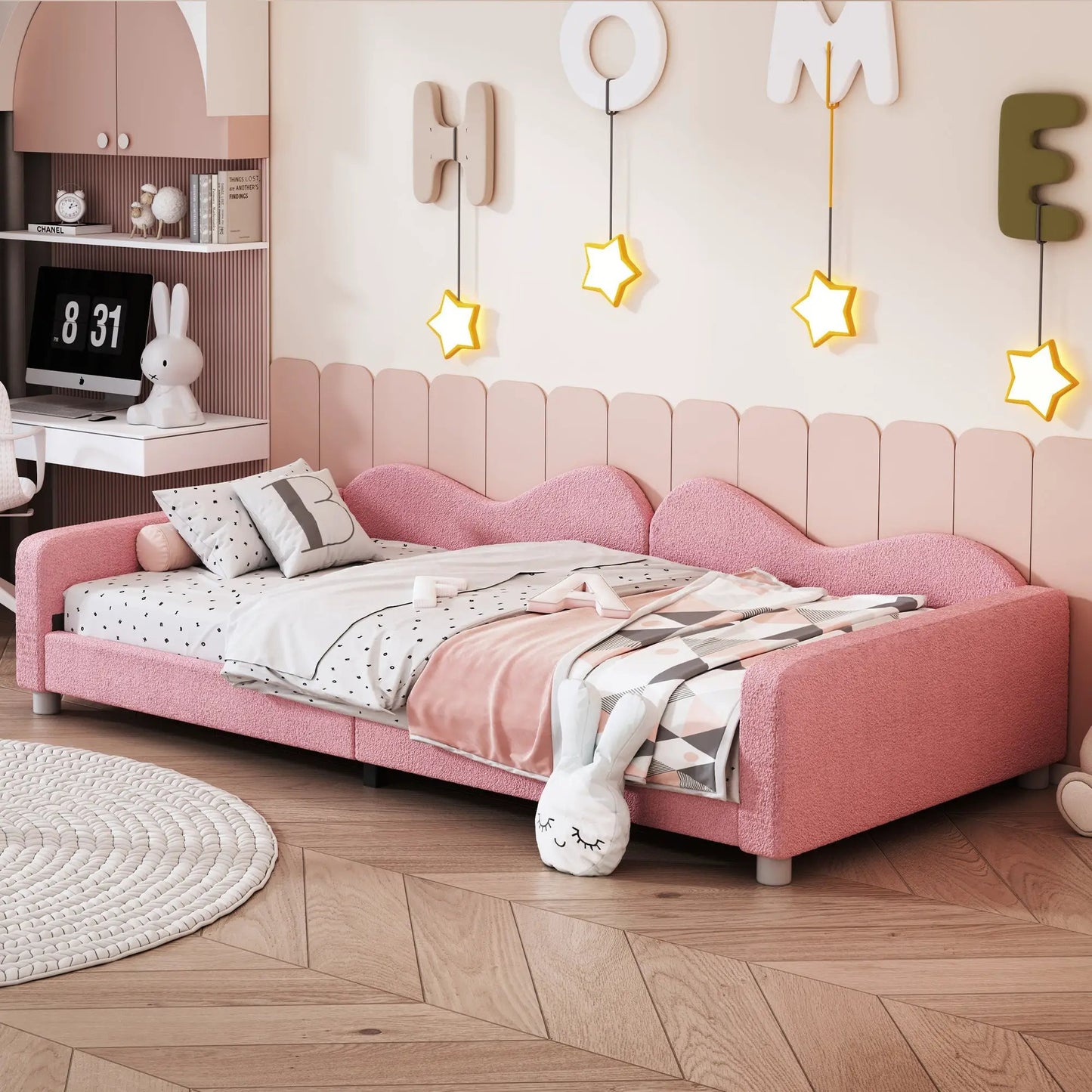 Twin Daybed with Sherpa Sofabed in Pink, plush pink sherpa upholstery, star lights on Tampa Home & Garden Store