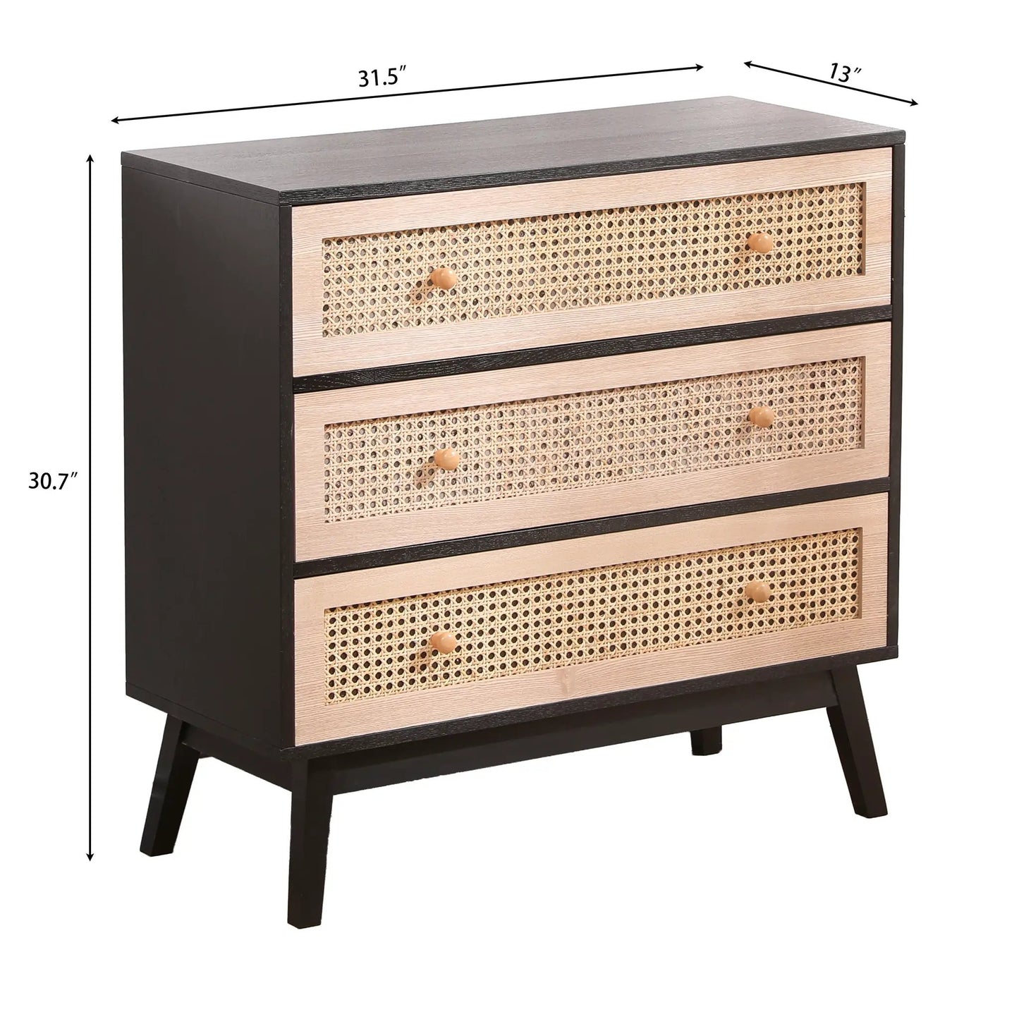 31.5 Inch 3-Drawer Rattan Storage Cabinet black frame with cane fronts and wood knobs on Tampa Home & Garden Store