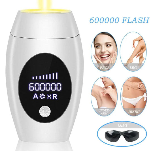 600000 Flash Pro IPL hair removal device with LCD display, white body and yellow top on Tampa Home & Garden Store