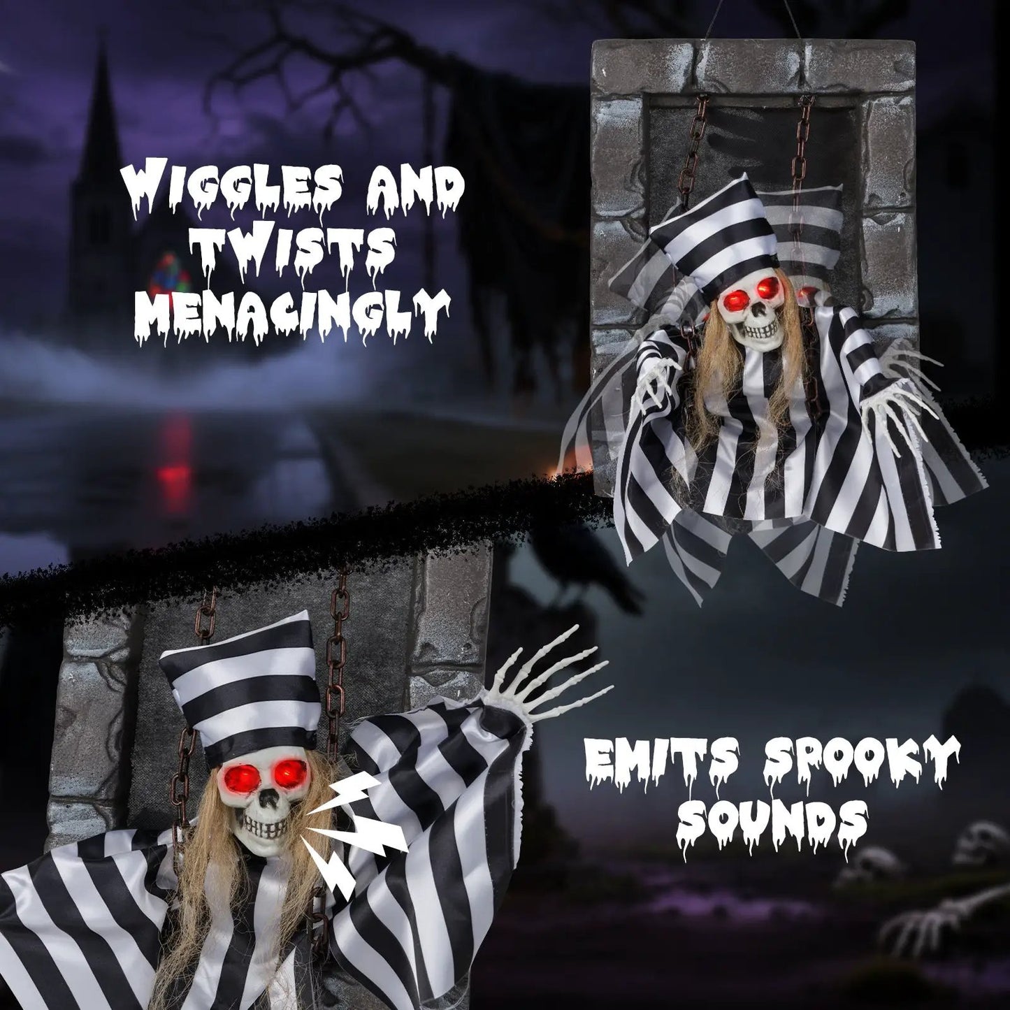 Animated Halloween Hanging Skull Prisoner, 18in, striped outfit, red eyes, chained to a stone frame on Tampa Home & Garden Store