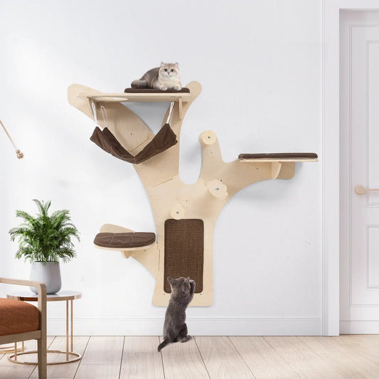 Wall Mounted Cat Tower in natural wood with brown cushions, shelves and a hanging hammock on Tampa Home & Garden Store