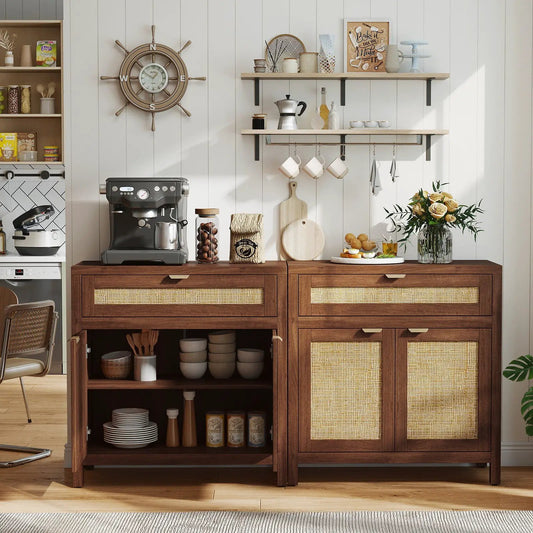 Sideboard storage cabinet with rattan doors in warm brown wood finish on Tampa Home & Garden Store
