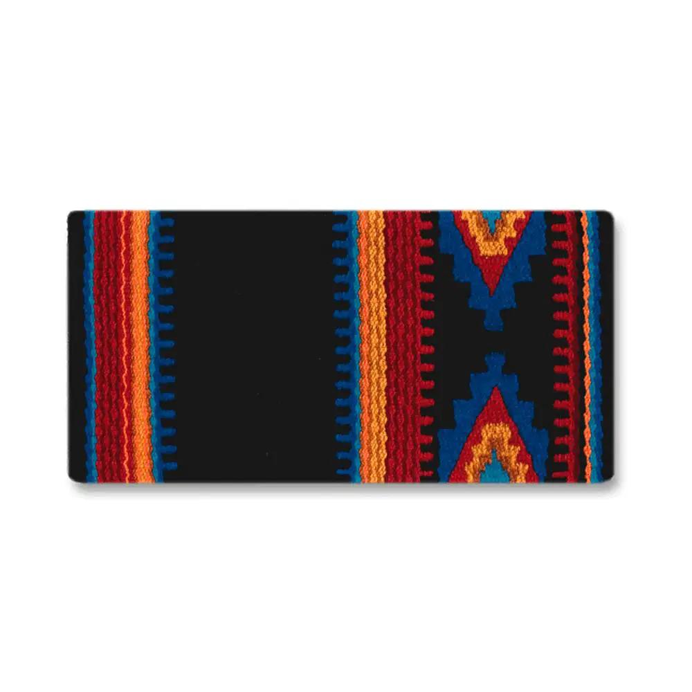 Firecracker saddle blanket by Mayatex black base with blue/orange geometric pattern on Tampa Home & Garden Store