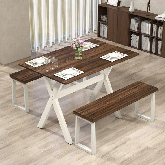 Modern dining table with X-shaped white trestle frame and dark wood top includes benches on Tampa Home & Garden Store