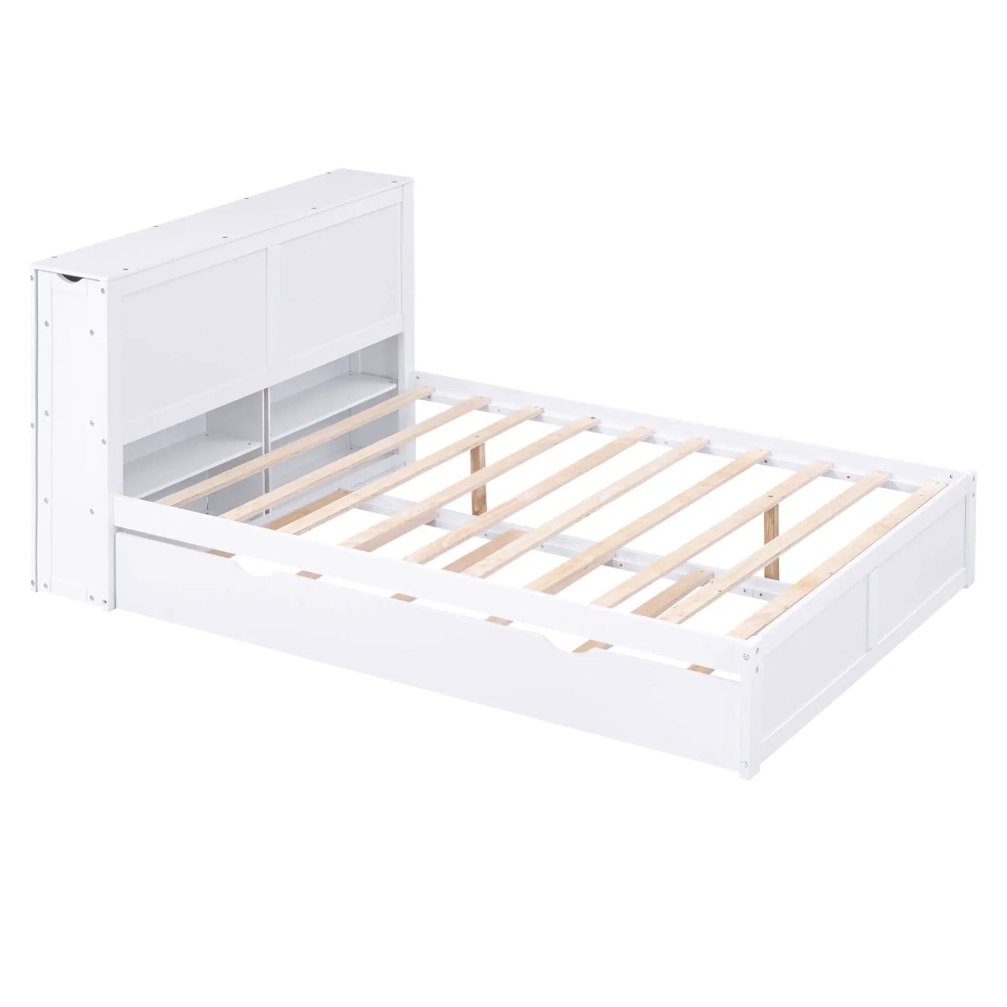 White full-size storage platform bed with built-in headboard shelves and slatted mattress support on Tampa Home & Garden Store