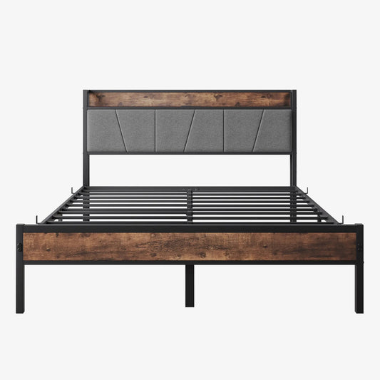 Queen size bed frame with storage headboard, wood panel and gray fabric panels on Tampa Home & Garden Store