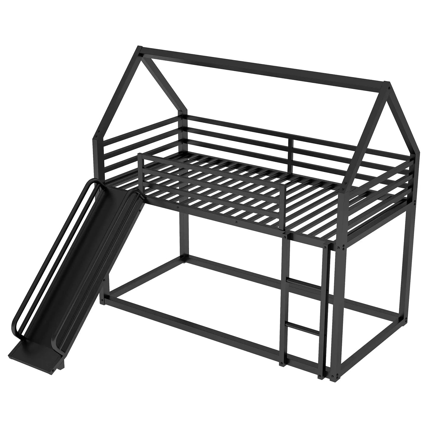 Twin over twin black bunk bed frame with ladder and slide, metal construction on Tampa Home & Garden Store