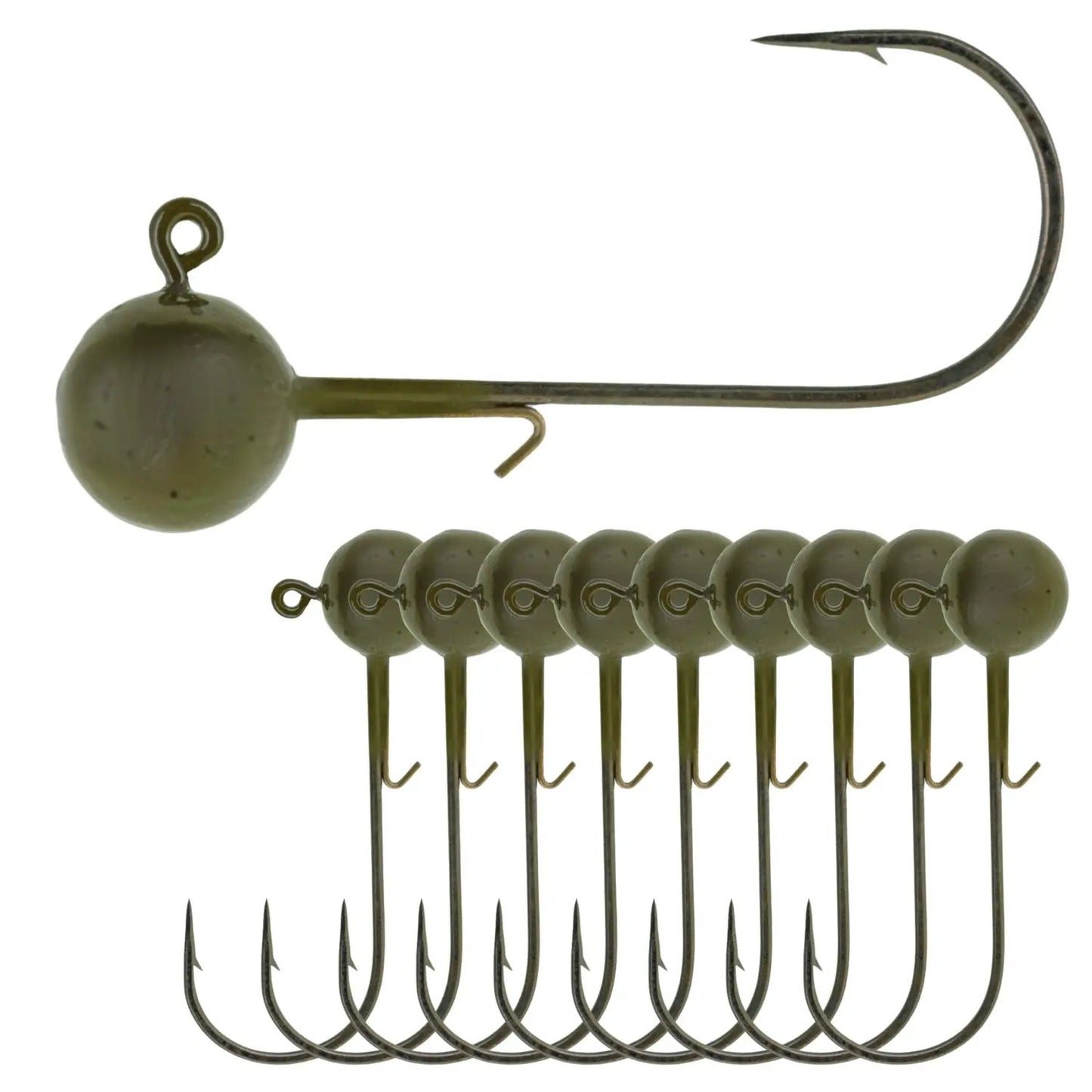 Reaction Tackle olive-green lead ball jig heads 10-pack with curved hooks on Tampa Store on Tampa Home & Garden Store