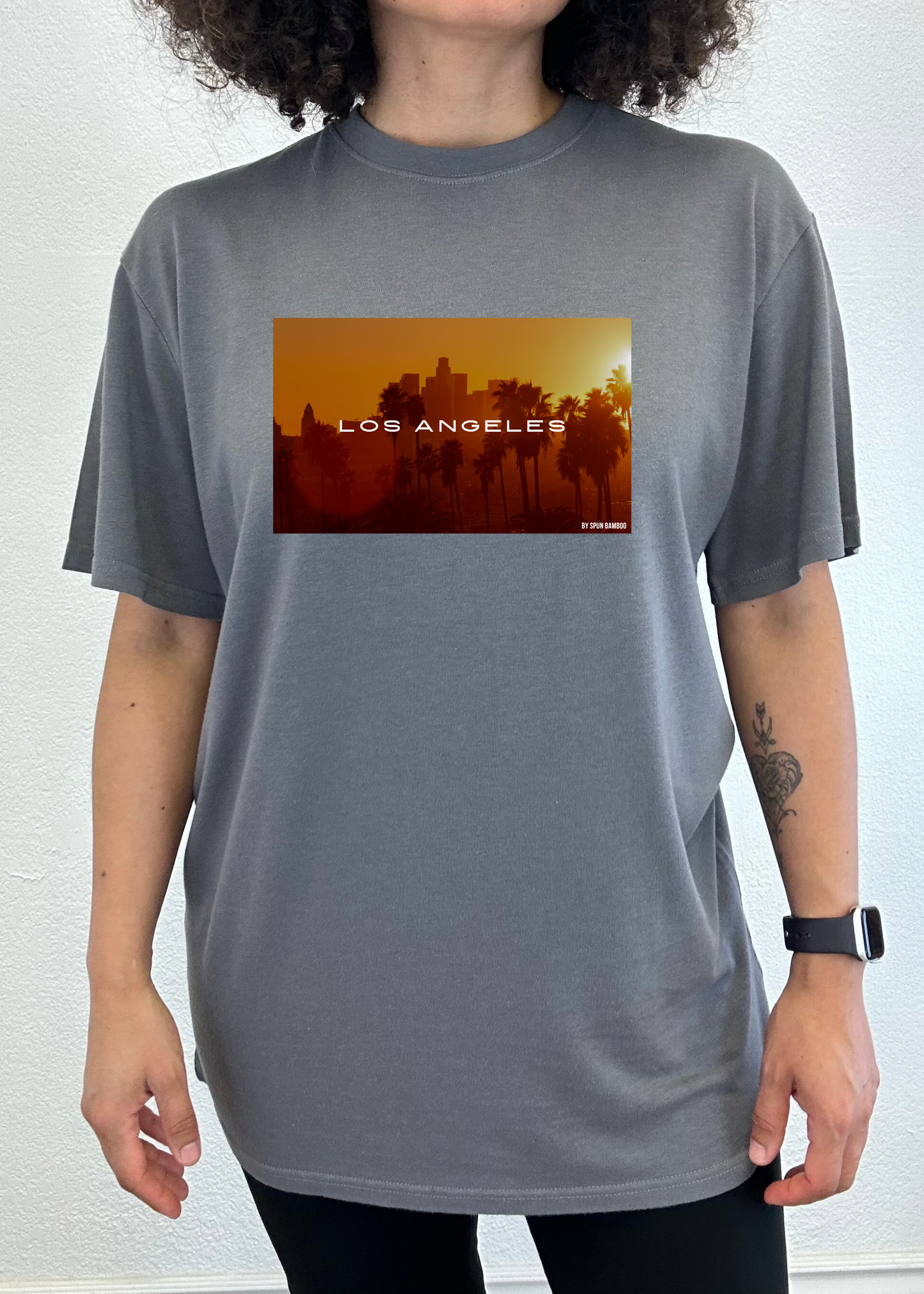 Los Angeles unisex bamboo graphic tee with orange sunset skyline and palm trees by Spun Bamboo on Tampa Home & Garden Store