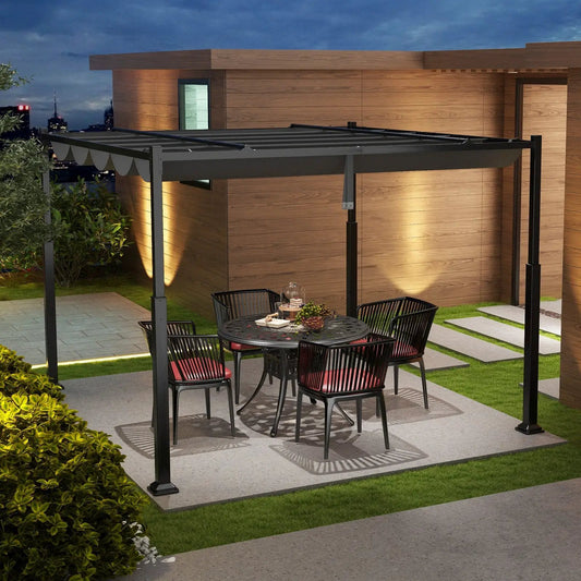 10 x 10 Feet Outdoor Pergola with Retractable Canopy and Metal Columns-Gray - Tampa Home & Garden Store