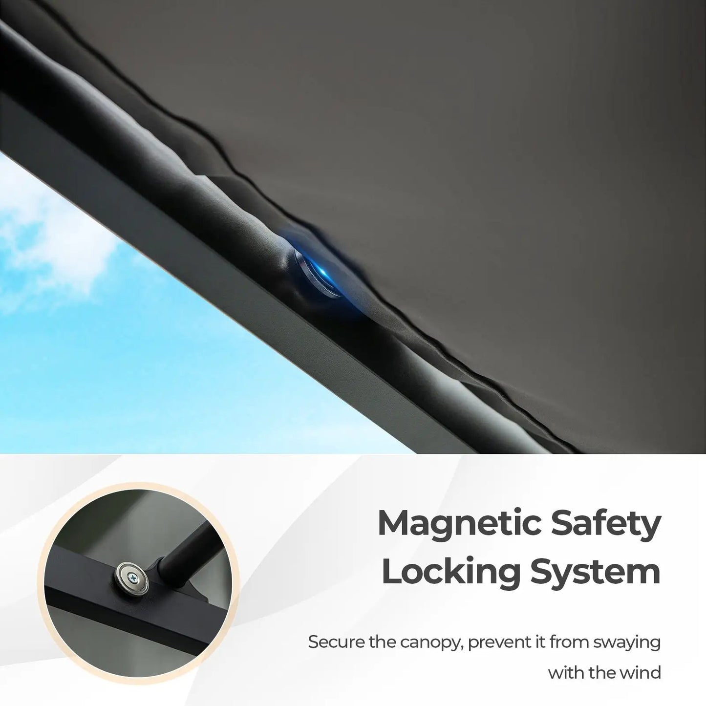 10x10 pergola retractable canopy, dark gray fabric, metal frame magnetic safety locking system on Tampa Home & Garden Store