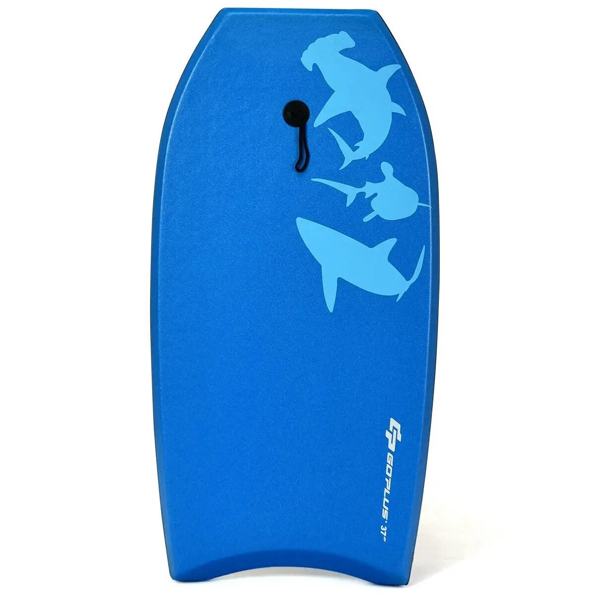 Blue GoPlus bodyboard with EPS core and dolphin graphic, leash attached on Tampa Home & Garden Store