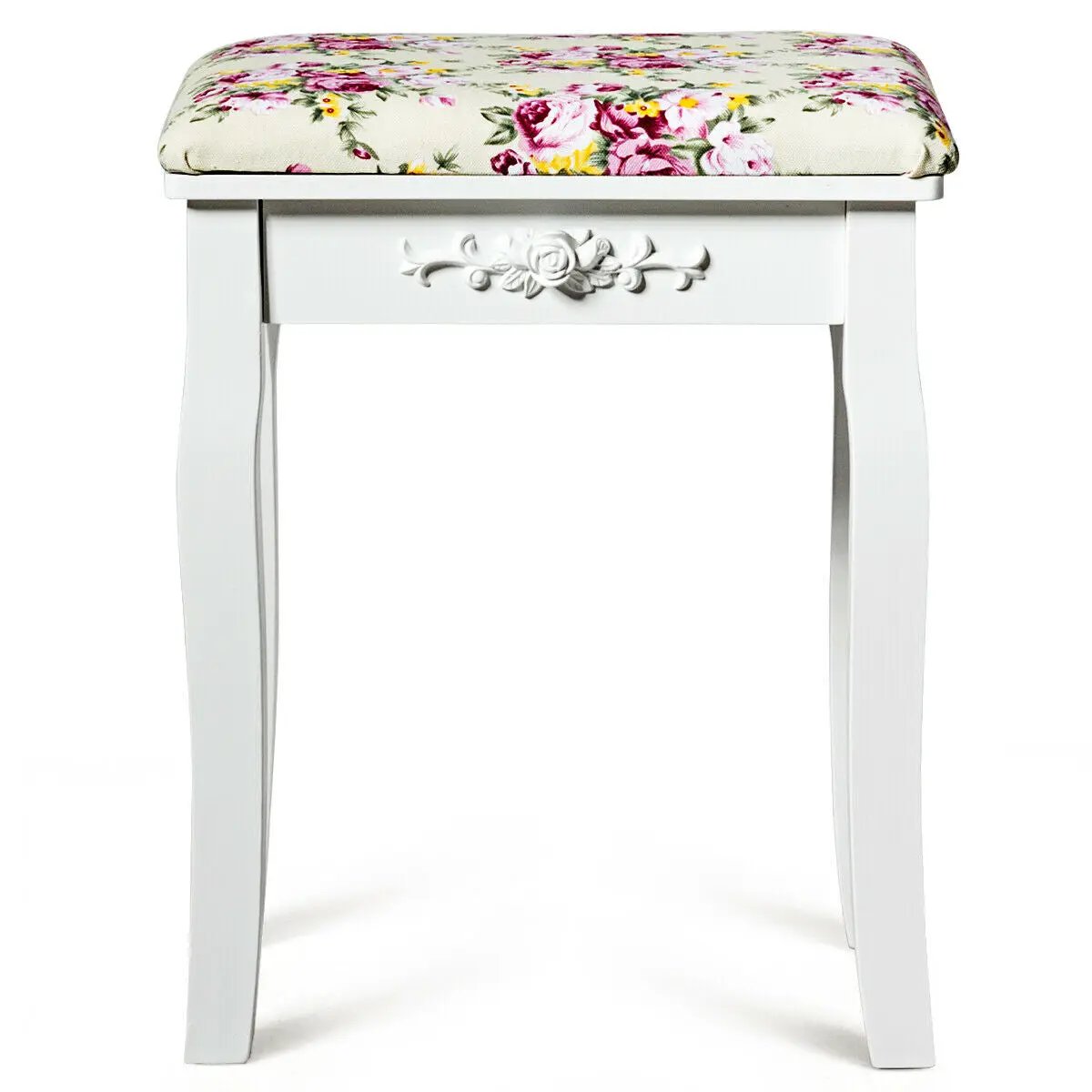 Vanity wood dressing stool with white finish and rose floral cushion on Tampa Home & Garden Store