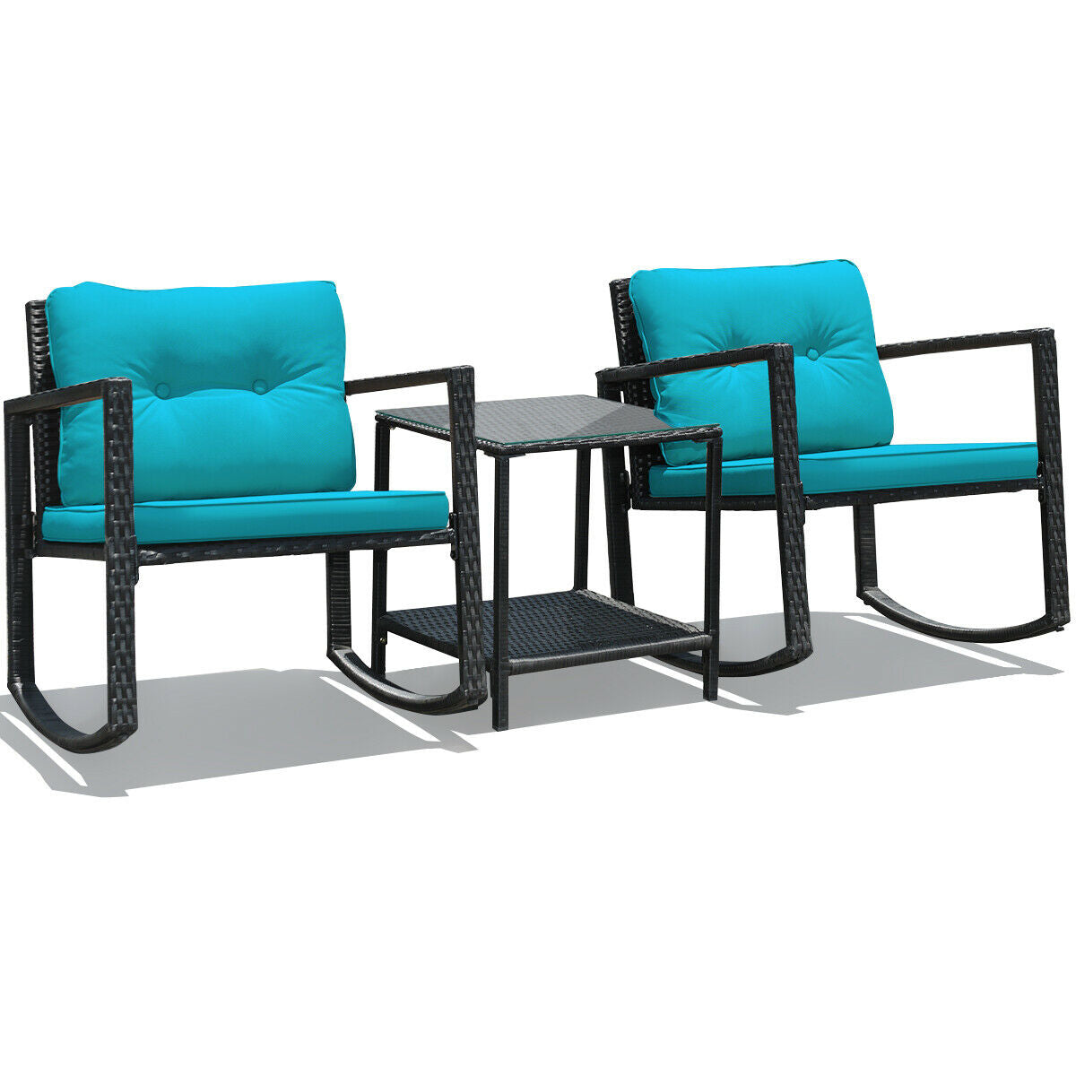 3 Pcs Wicker Rocking Bistro Set with Glass Coffee Table and Storage Shelf-Beige