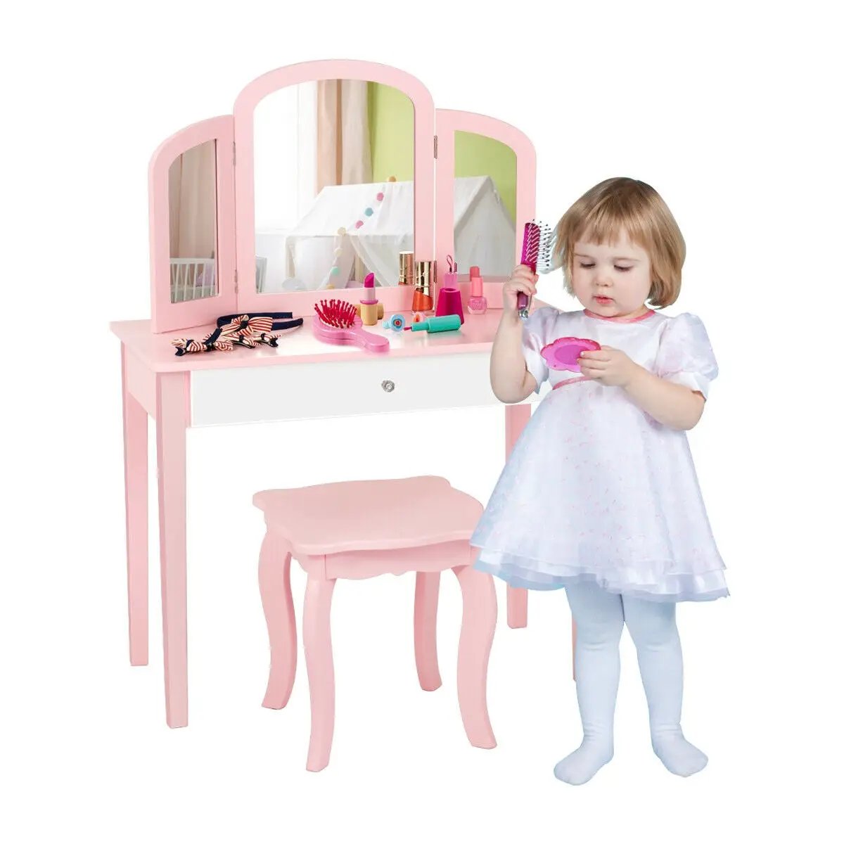 Kids Princess Dressing Table with pink tri-fold mirror vanity and stool by DirectDeals on Tampa Home & Garden Store