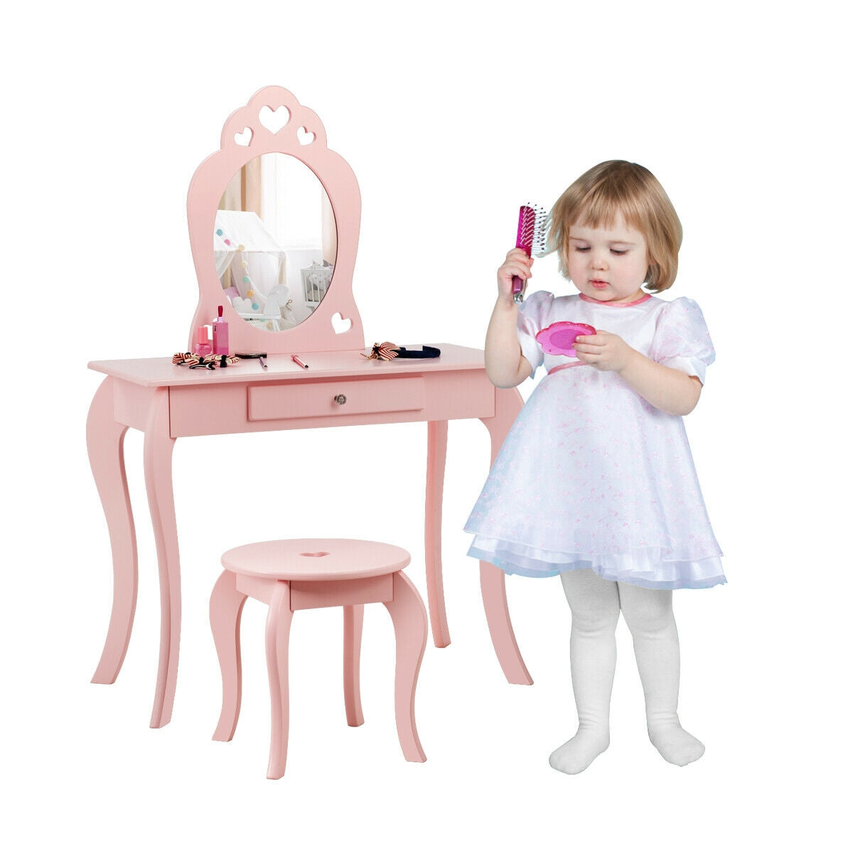 Kids Princess Makeup Dressing Table with Mirror pink vanity set with stool DirectDeals on Tampa Home & Garden Store