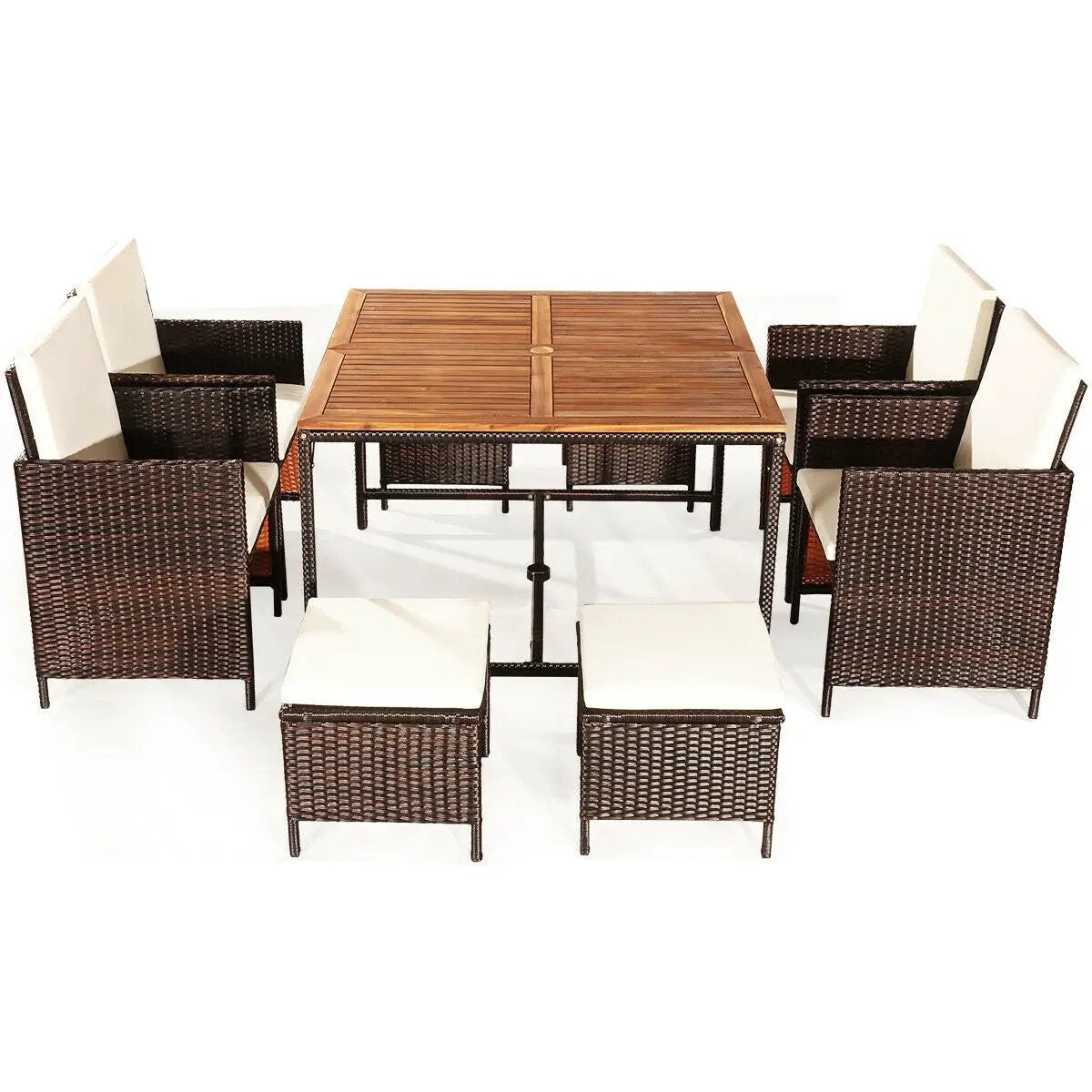 9-piece patio rattan dining set with brown wicker chairs and beige cushions on Tampa Home & Garden Store