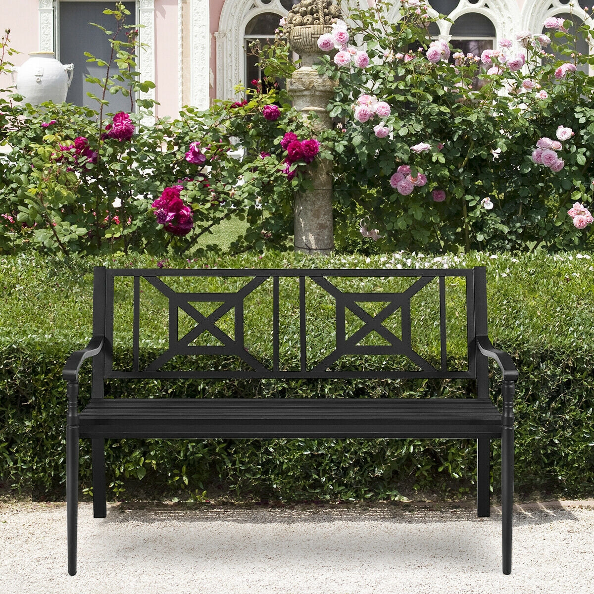 Patio Garden Bench black powder-coated steel frame with geometric X-back design DirectDeals on Tampa Home & Garden Store