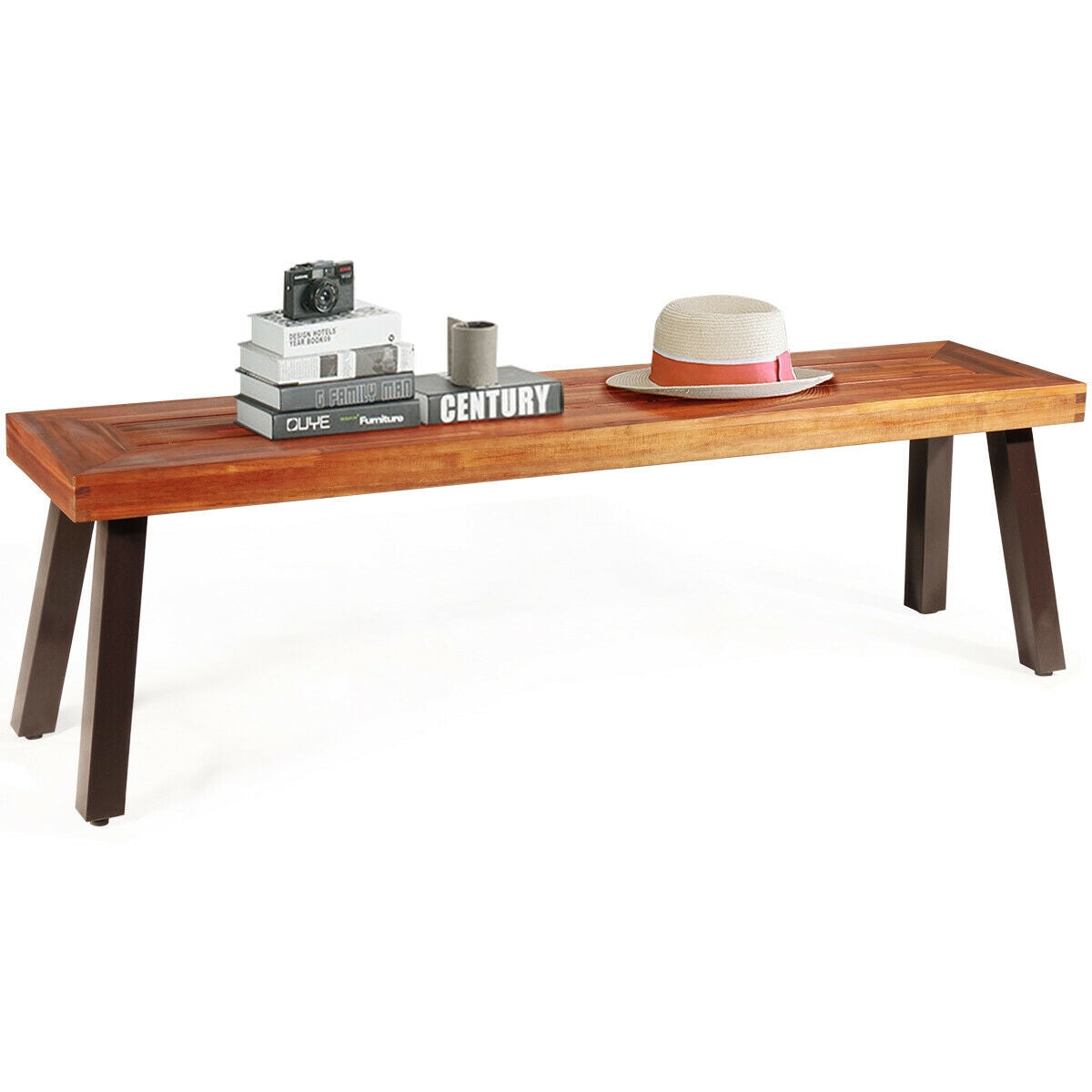 Acacia wood dining bench with steel legs, warm brown finish on Tampa Home & Garden Store