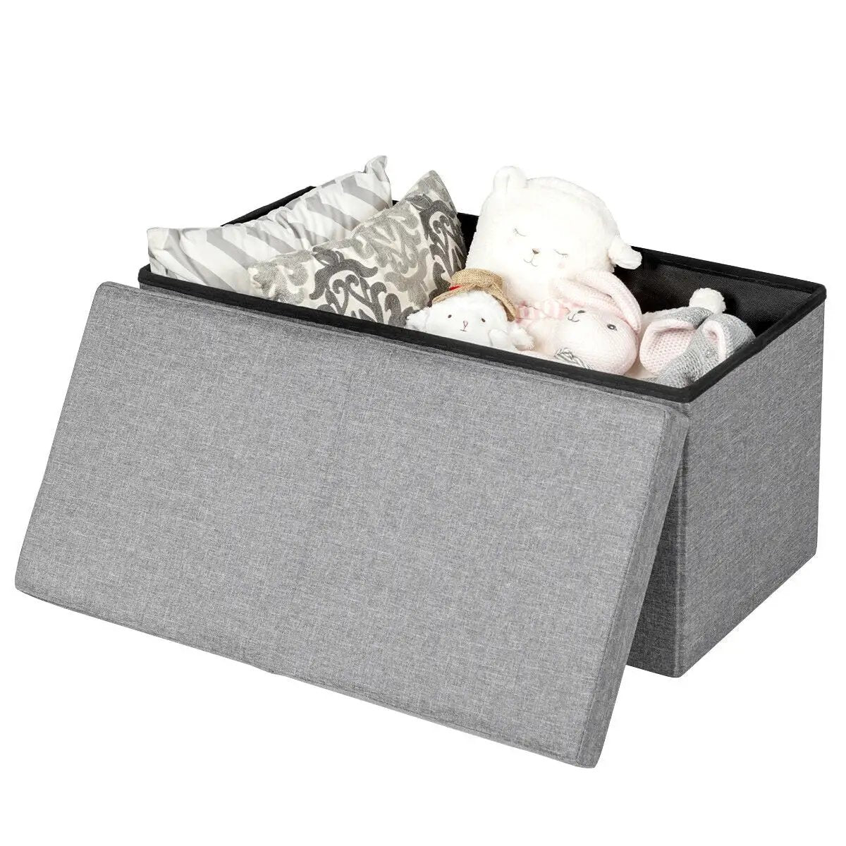 Folding Storage Ottoman 30in with lift-top in gray fabric open to reveal cushions and toys on Tampa Home & Garden Store