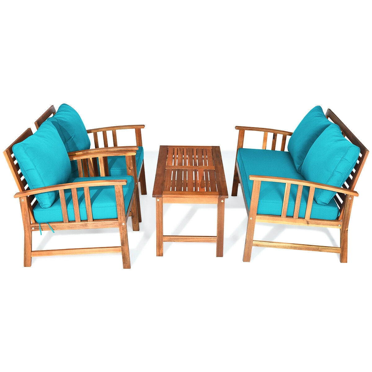 Juego de Muebles de Patio de Madera de 4 Piezas con Mesa, Sofá, Silla y Cojines para Jardín