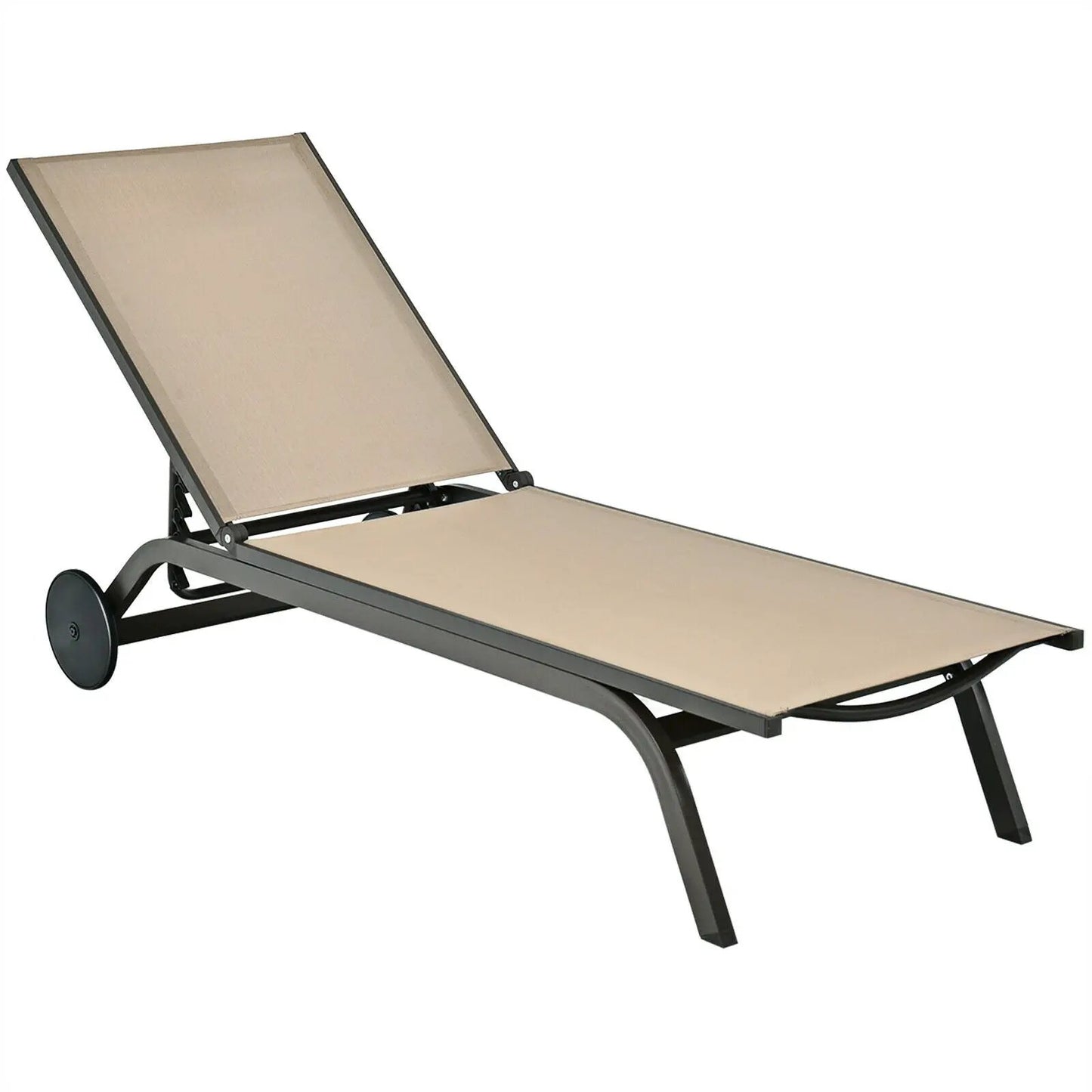 Adjustable aluminum sunlounger with beige fabric and black frame with wheels on Tampa Home & Garden Store