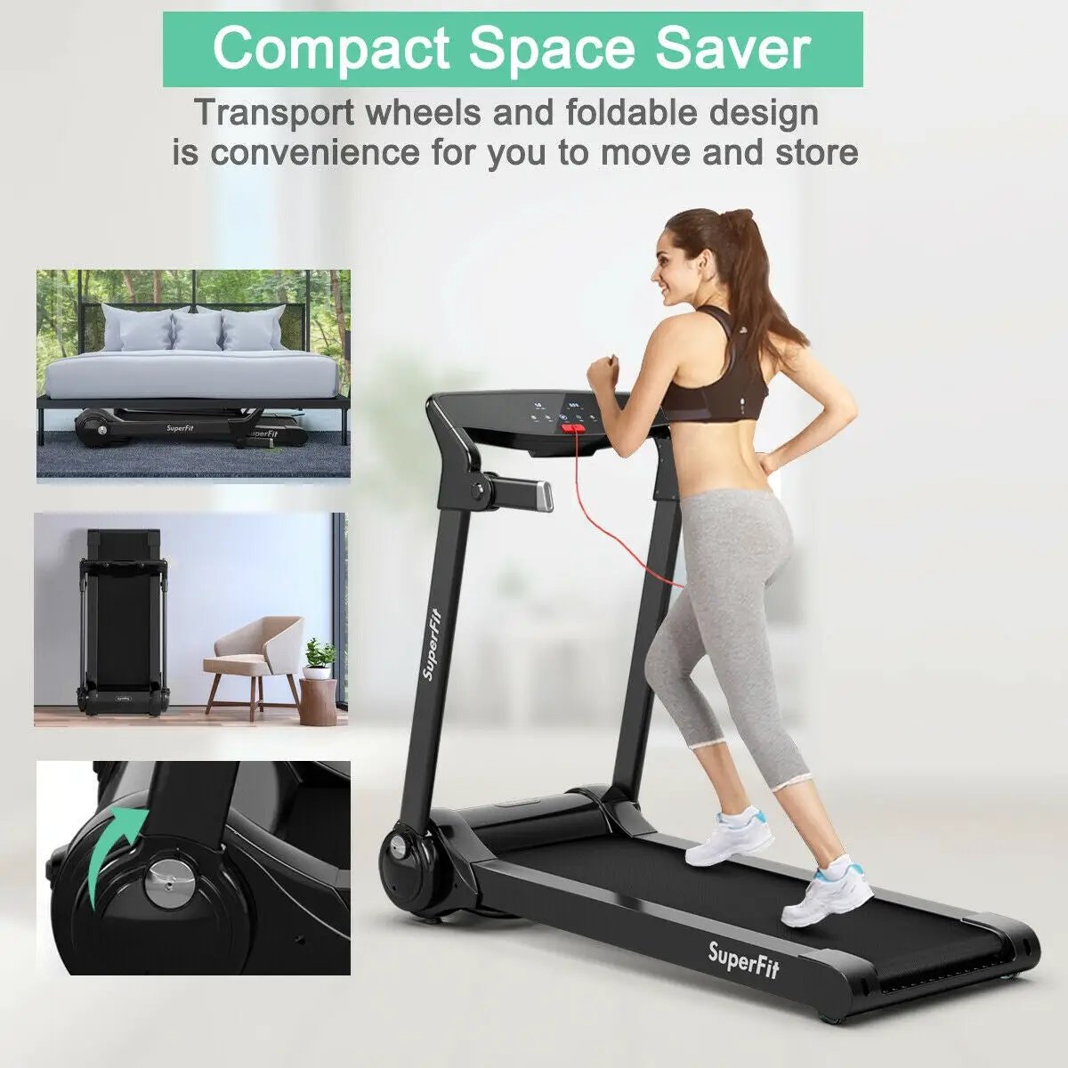 3HP folding treadmill with Bluetooth speaker, black SuperFit compact space saver with wheels on Tampa Home & Garden Store