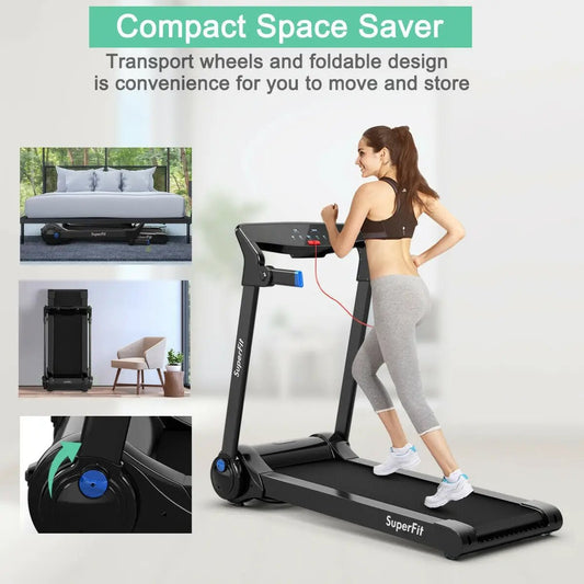 3HP folding SuperFit treadmill with Bluetooth speaker, black frame, user running on Tampa Home & Garden Store