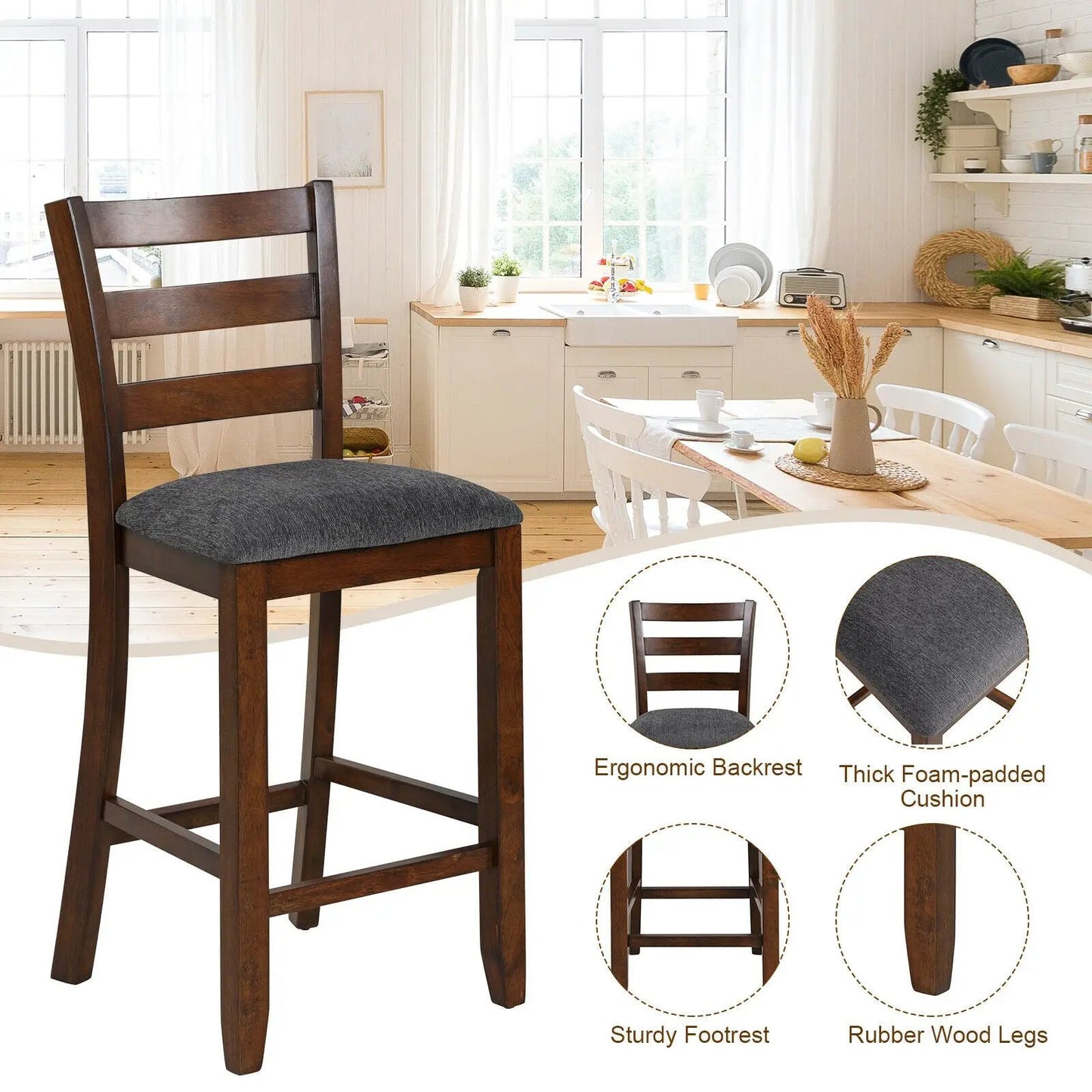 2 Pieces Counter Height Chairs with Fabric Seat and Rubber Wood Legs - Tampa Home & Garden Store