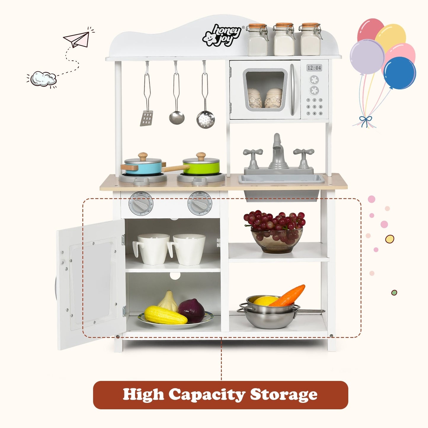 Wooden pretend play kitchen set for kids in white with stove, sink, microwave, hanging utensils, two pots Honey Joy on Tampa Home & Garden Store